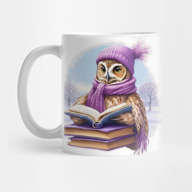 Cute owl Read A Book wearing a  purple hat and scarf by JnS Merch Store